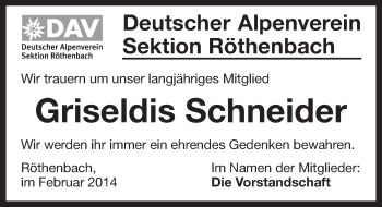 Traueranzeige von Griseldis Schneider von Pegnitz-Zeitung